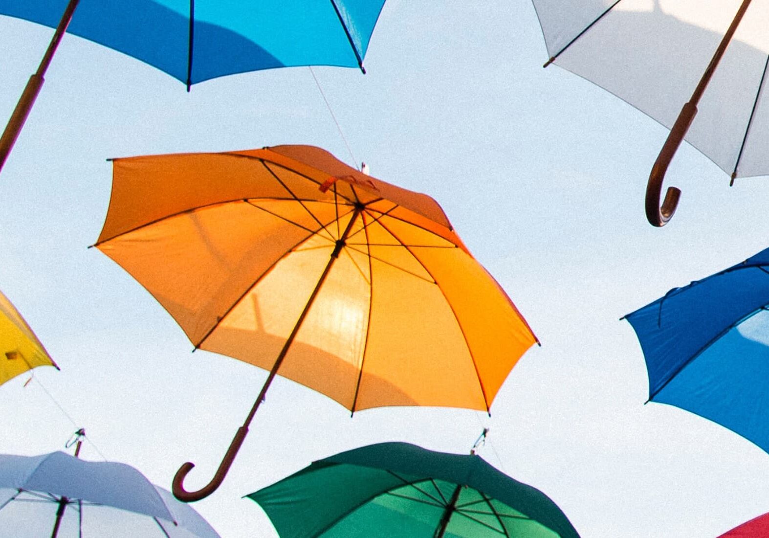A group of colourful umbrellas hanging in the sky
